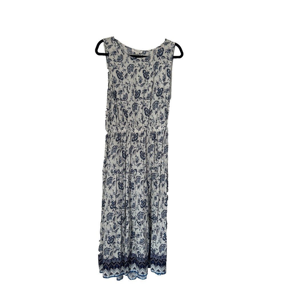 Beach Lunch Lounge Peonia Dress Size L Sleeveless Back Cutout Blue White Floral
